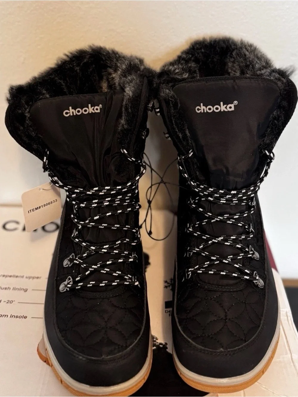 chooka Black Quilted Faux Fur Lace-Up Winter Boot